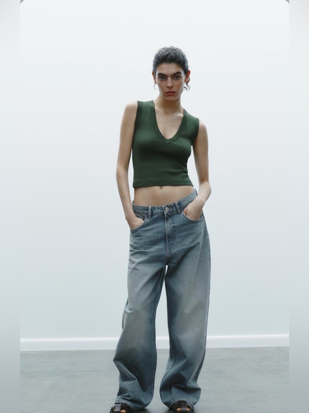 ZARA Dark Olive Green Sleeveless Deep V-Neck Cropped Form Fitting Tank Top